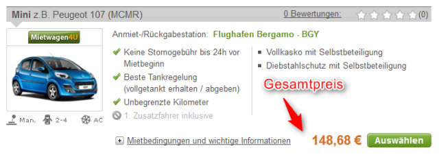 Mietwagen-Angebot ab Flughafen Bergamo Mailand