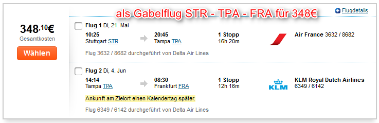 Florida als Gabelflug STR-TPA-FRA noch guenstiger