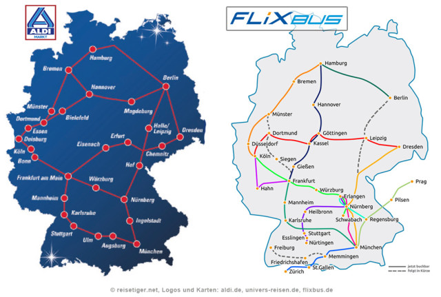 Landkarte Streckennetz Aldi-Fernbus Flixbus Vergleich