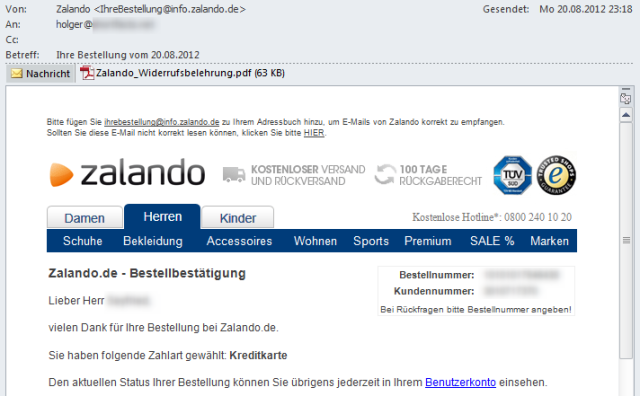 Zalando Bestellbestaetigung mit Gutschein