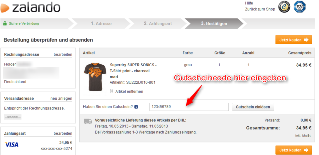 Zalando Geschenkgutschein einloesen mit Code