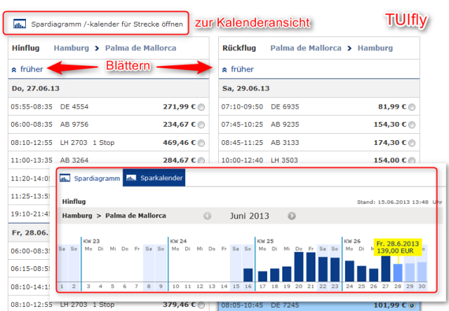 TUIfly Flugsuche Kalenderansicht