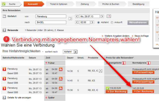 Extrembahnfahren Schritt 3 Normalpreis nicht Sparpreis wählen