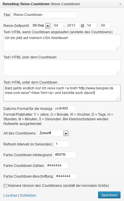 Reiseblog Reise-Countdown Einstellungen