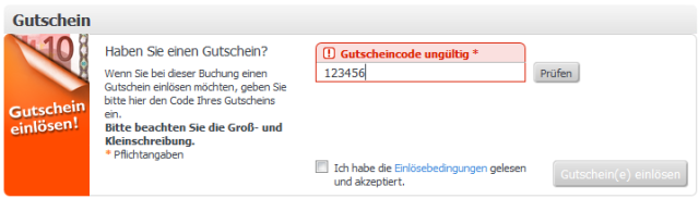 Fehlermeldung Weg.de Gutschein einloesung