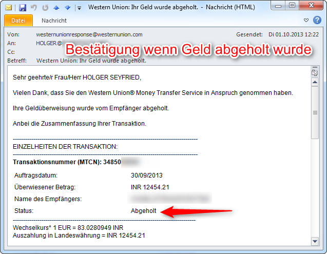 Bestaetigung bei Bargeld Empfang im Ausland