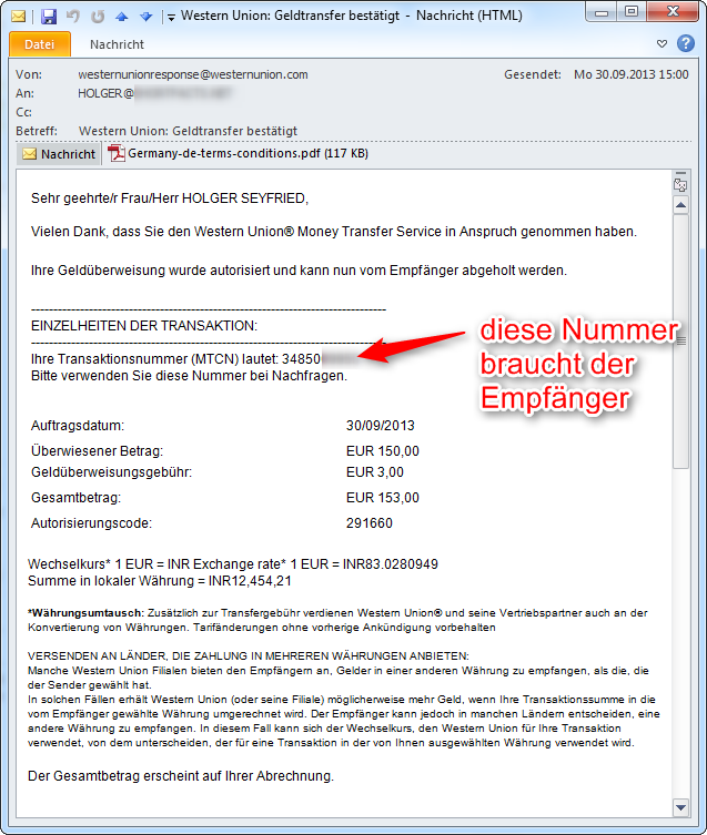 E-Mail Geld ins Ausland senden Transaktionsnummer