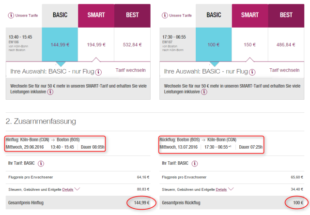 Preisuebersicht Koeln Boston Eurowings