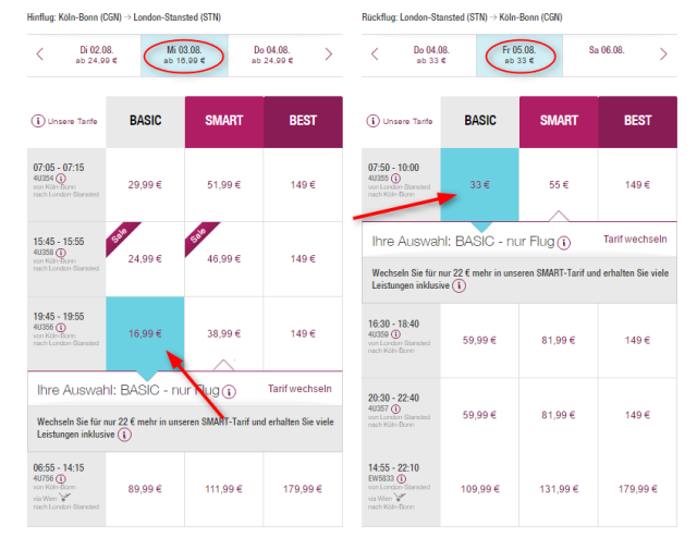 Preisuebersicht KoelnLondon Eurowings
