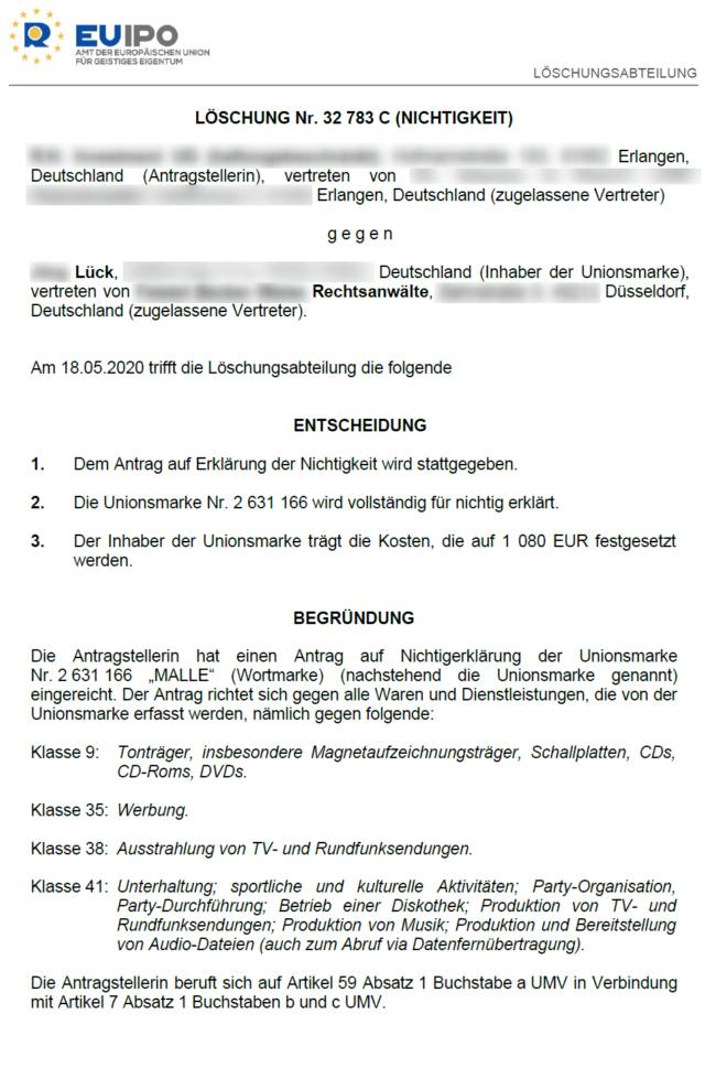 Malle Markenloeschung Entscheidung